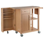Carrello da cucina mobile in legno naturale con armadietto, ripiani, cassetto e portasciugamani