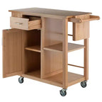 Carrello da cucina mobile in legno naturale con armadietto, ripiani, cassetto e portasciugamani