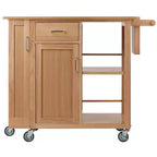 Carrello da cucina mobile in legno naturale con armadietto, ripiani, cassetto e portasciugamani