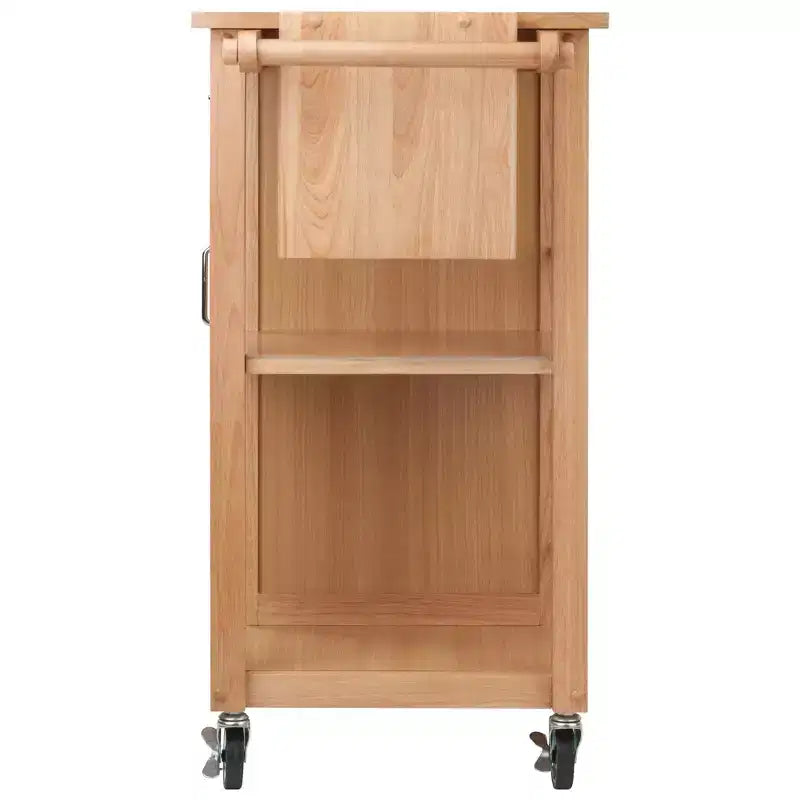 Carrello da cucina mobile in legno naturale con armadietto, ripiani, cassetto e portasciugamani