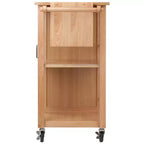 Carrello da cucina mobile in legno naturale con armadietto, ripiani, cassetto e portasciugamani