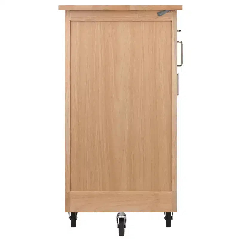 Carrello da cucina mobile in legno naturale con armadietto, ripiani, cassetto e portasciugamani