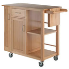 Carrello da cucina mobile in legno naturale con armadietto, ripiani, cassetto e portasciugamani