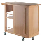 Carrello da cucina mobile in legno naturale con armadietto, ripiani, cassetto e portasciugamani