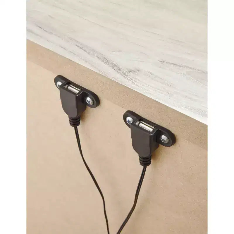 Comodino Bianco con Un Cassetto, Porta USB e Vano Portaoggetti, Stile Rustico