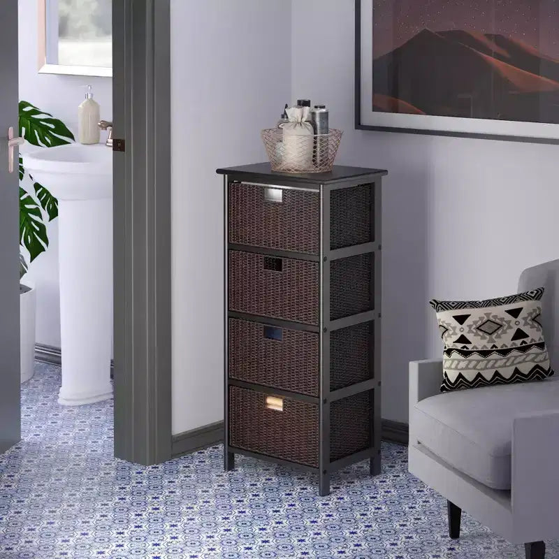 Torre portaoggetti Mid-Century a 4 cestini da 93.5 cm, struttura nera con cestini in vimini