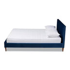 Letto a piattaforma Queen Mid-Century, velluto blu navy, testiera trapuntata a rombi, gambe affusolate