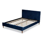 Letto a piattaforma Queen Mid-Century, velluto blu navy, testiera trapuntata a rombi, gambe affusolate