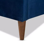Letto a piattaforma Queen Mid-Century, velluto blu navy, testiera trapuntata a rombi, gambe affusolate