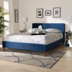 Letto a piattaforma Queen Mid-Century, velluto blu navy, testiera trapuntata a rombi, gambe affusolate