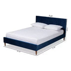 Letto a piattaforma Queen Mid-Century, velluto blu navy, testiera trapuntata a rombi, gambe affusolate