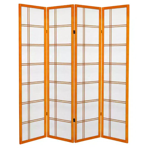 6 ft. Tall Canvas Double Cross Room Divider - Honey (4 Panels): Oriental Furniture Privacy Screen, Hardwood Frame