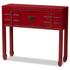 Melodie 6 Drawer Console Table Red - Baxton Studio: Antique-Inspired, Bayur Wood, Bronze Handles