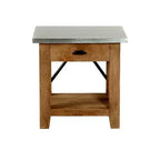 Millwork End Table with Drawer: Mid-Century Modern, Brown Hardwood Frame, Silver Metal Tabletop, 22" x 18" x 22"