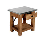 Tavolino con cassetto in legno: moderno di metà secolo, struttura in legno massello marrone, piano in metallo argentato, 56 x 46 x 56 cm