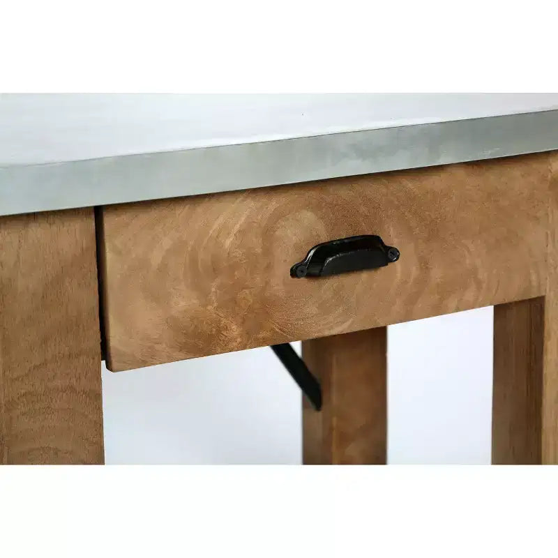 Tavolino con cassetto in legno: moderno di metà secolo, struttura in legno massello marrone, piano in metallo argentato, 56 x 46 x 56 cm