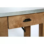 Tavolino con cassetto in legno: moderno di metà secolo, struttura in legno massello marrone, piano in metallo argentato, 56 x 46 x 56 cm