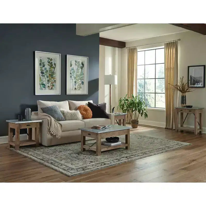 Tavolino con cassetto in legno: moderno di metà secolo, struttura in legno massello marrone, piano in metallo argentato, 56 x 46 x 56 cm