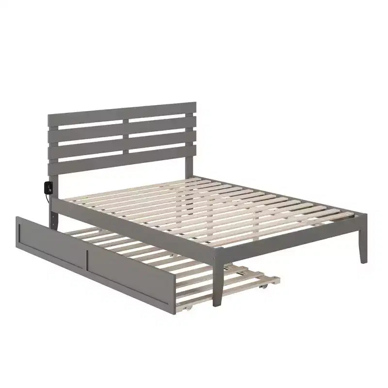 Letto a piattaforma Queen con caricatore USB Turbo e letto estraibile XL, grigio, legno massello