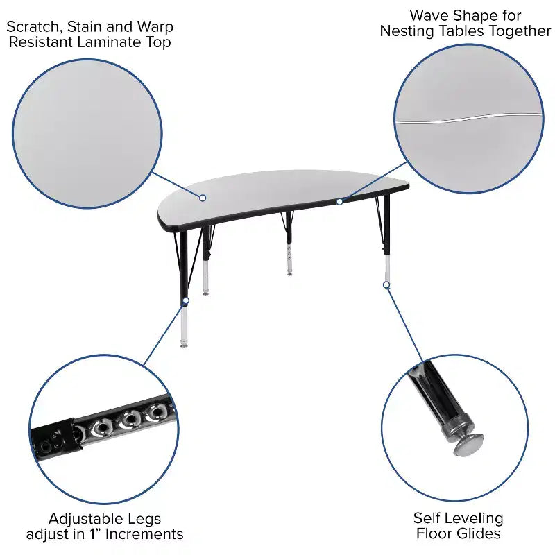 Tavolo attività a onda a semicerchio da 47,5", regolabile in altezza, piano in laminato, per bambini 3-9 anni
